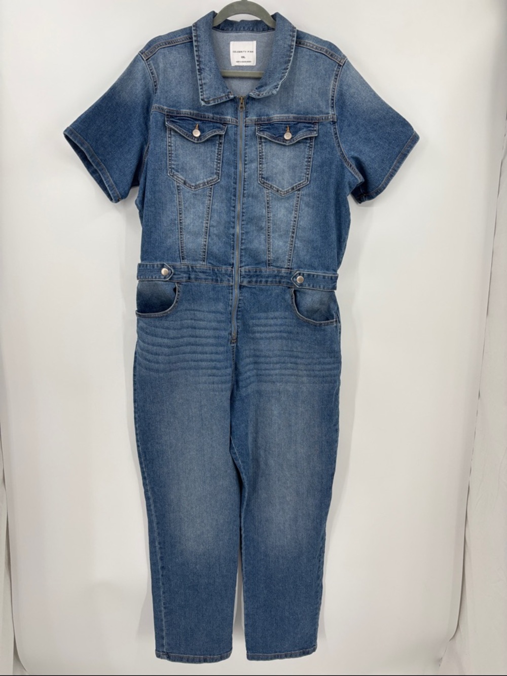Celebrity Pink Retro 70s Zippered Boiler Suit Denim Overalls Jumpsuit - Picture 6 of 15